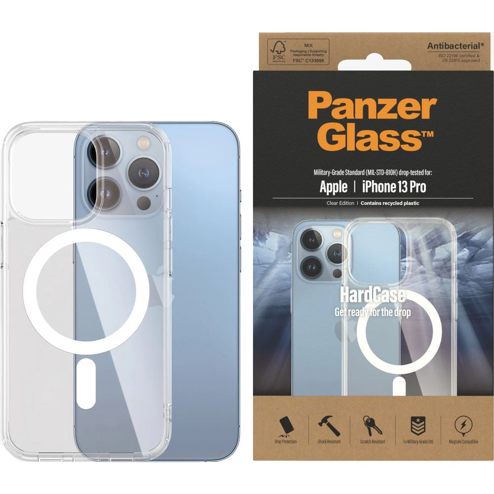 Antibakterielle Schutzhülle PanzerGlass HardCase MagSafe für iPhone 13 Pro, Transparent-Weiß