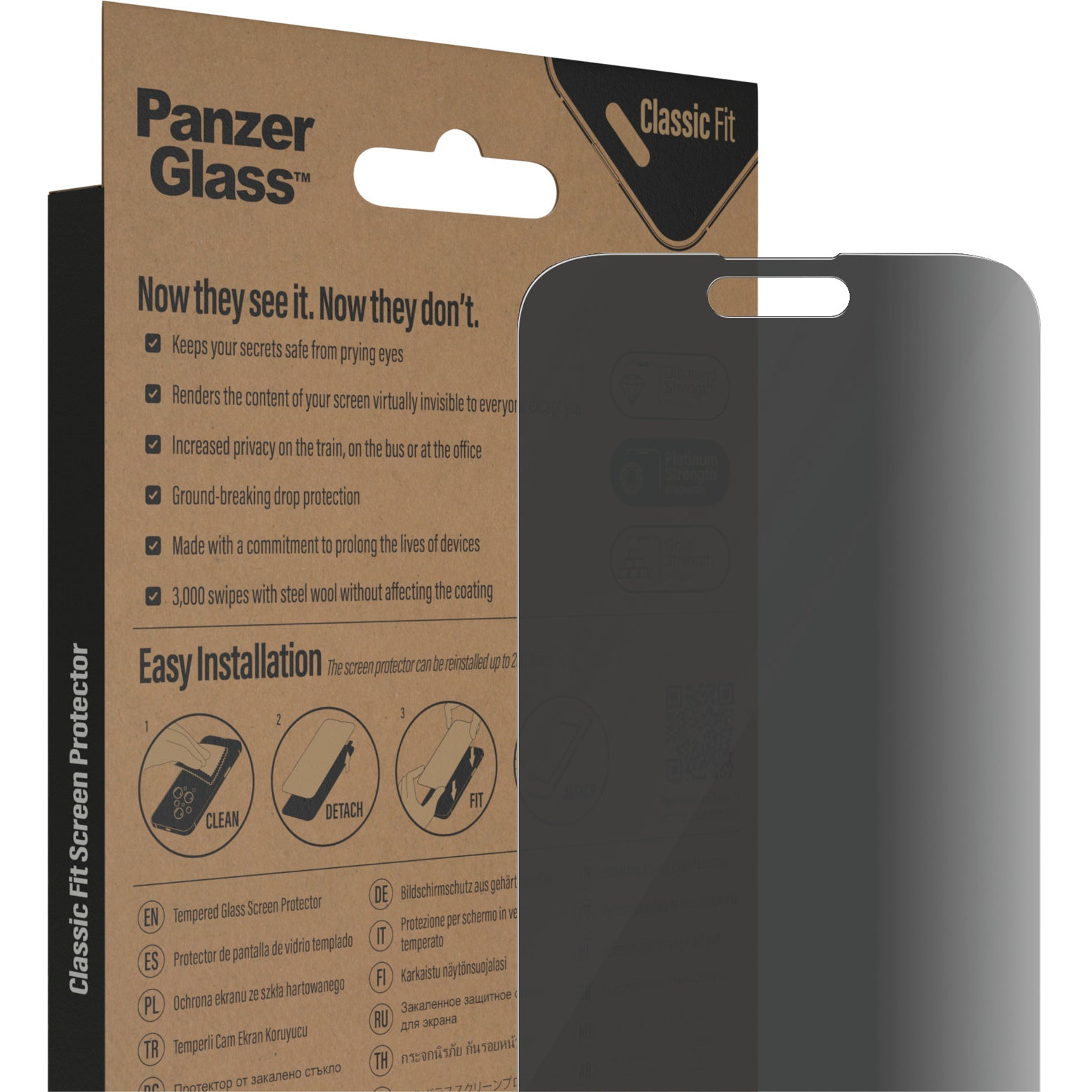 Gehärtetes Glas PanzerGlass Classic Fit Privacy für iPhone 14 Pro Max, Getönte