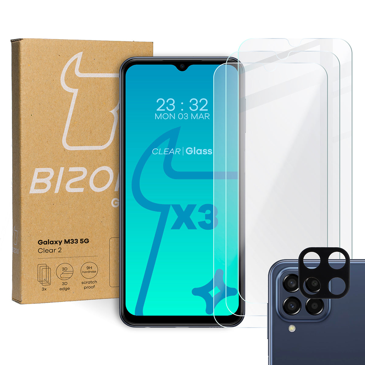 Gehärtetes Glas Bizon Glass Clear 2 - 3 Stück + Kameraschutz, Galaxy M33 5G