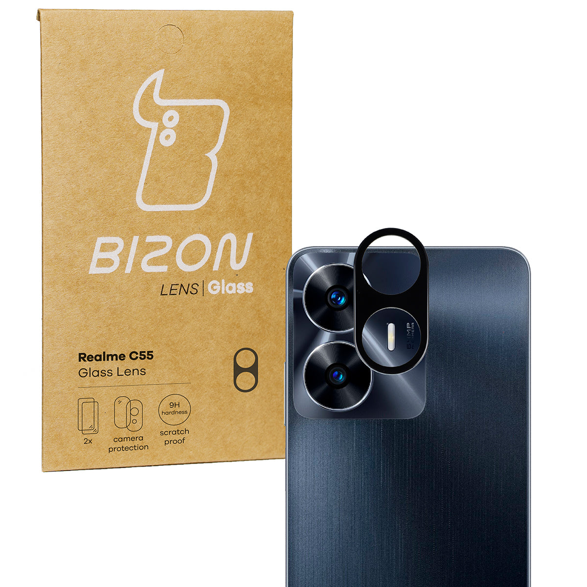 Gehärtetes Glas für die Kamera Bizon Glass Silk Lens für Realme C55, 2 Stück