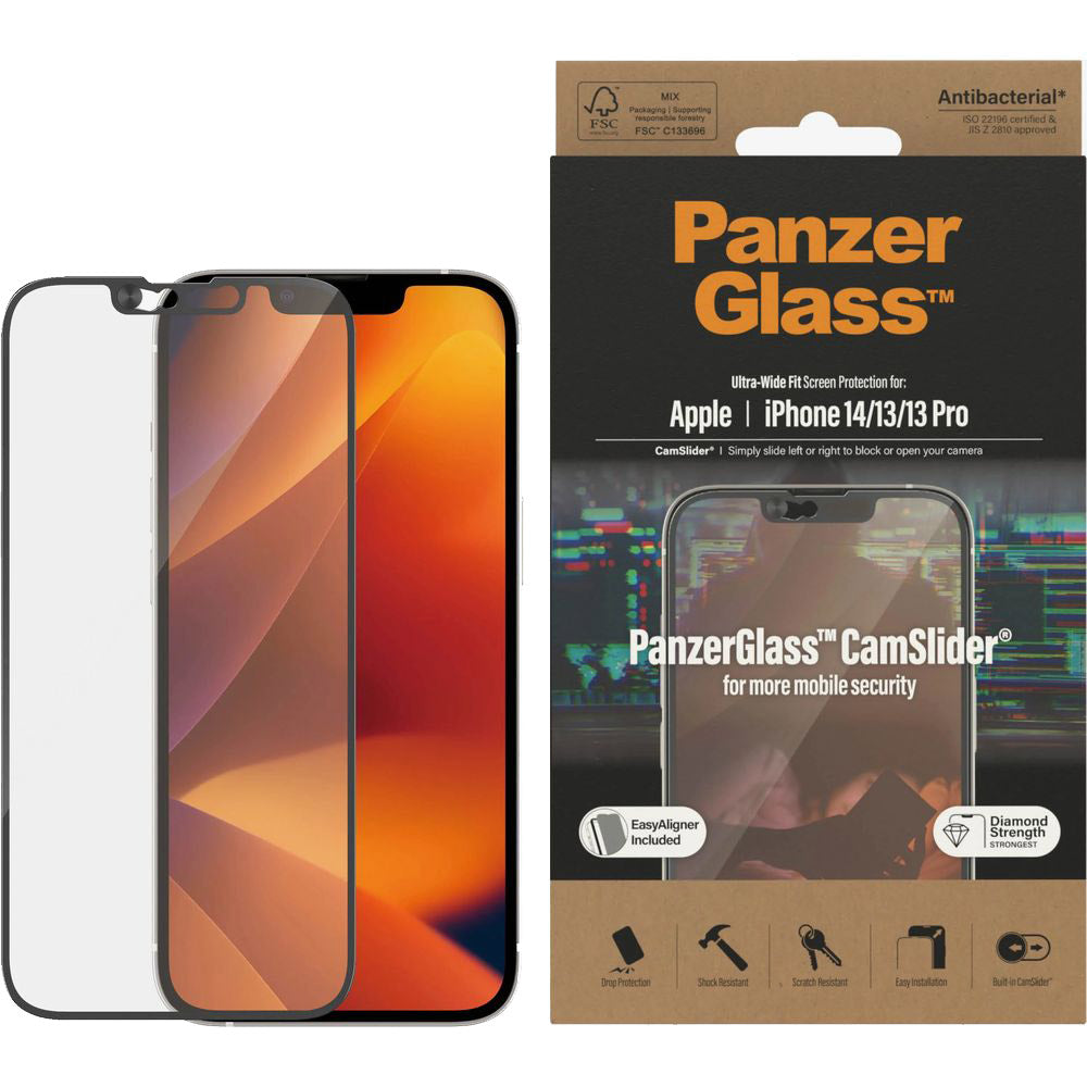 Gehärtetes Glas für das gesamte Display PanzerGlass Ultra-Wide Fit CamSlider AB für iPhone 14 / 13 / 13 Pro, schwarzer Rahmen