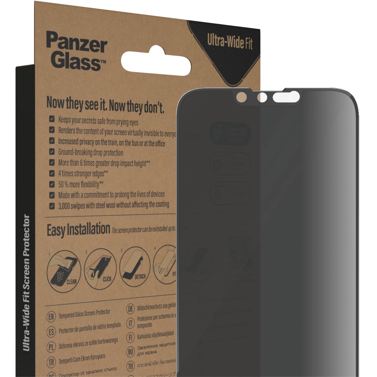 Gehärtetes Glas für das gesamte Display PanzerGlass Ultra-Wide Fit Privacy + EasyAligner für iPhone 14 / 13 Pro / 13, Getönte mit schwarzer Rahmen