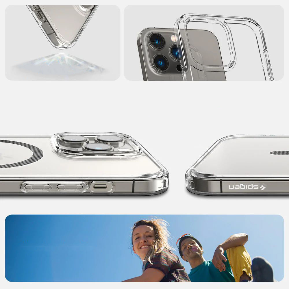 Schutzhülle Spigen Ultra Hybrid Mag mit MagSafe für iPhone 14 Pro, Transparent-Schwarz-Carbon