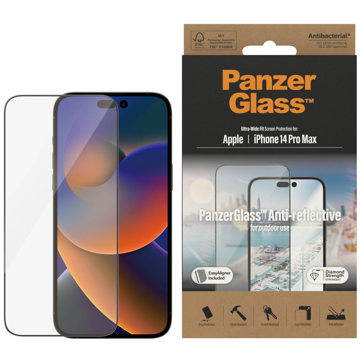Gehärtetes Glas für das gesamte Display PanzerGlass Ultra-Wide Fit Anti-reflective + EasyAligner für iPhone 14 Pro Max, schwarzer Rahmen
