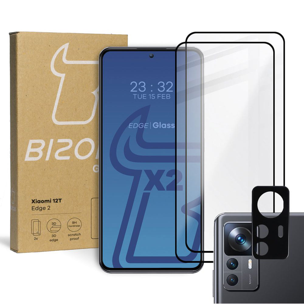 Gehärtetes Glas Bizon Glass Edge - 2 Stück + Kameraschutz, Xiaomi 12T, Schwarz