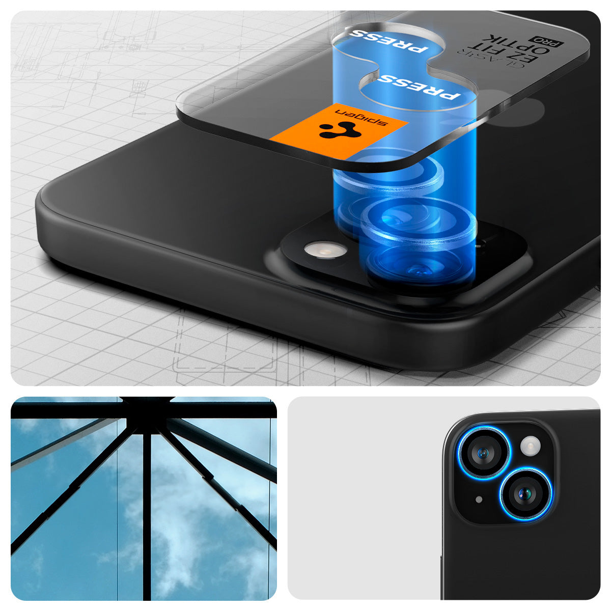 Glas für iPhone 15/15 Plus/14/14 Plus, für die Kamera, Spigen Glas.tR Ez Fit Optik Pro 2-Pack, Schwarz-Transparent