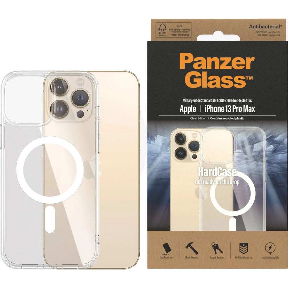 Antibakterielle Schutzhülle PanzerGlass HardCase MagSafe für iPhone 13 Pro Max, Transparent-Weiß