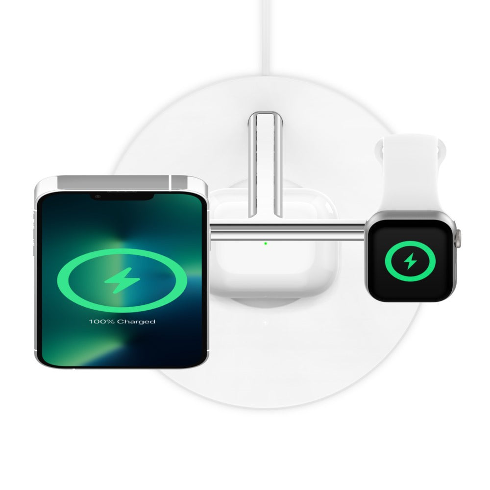 Drahtloses Ladegerät Belkin Boost MFi 3in1 Qi 15W WIZ017 für Apple AirPods / Watch / iPhone mit MagSafe, Weiß