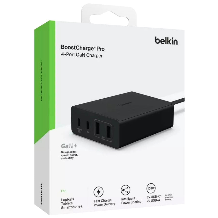 Wandladegerät Belkin Boost Pro 4-Port GaN Charger 108W MFi 2x USB-C, 2x USB-A, Schwarz