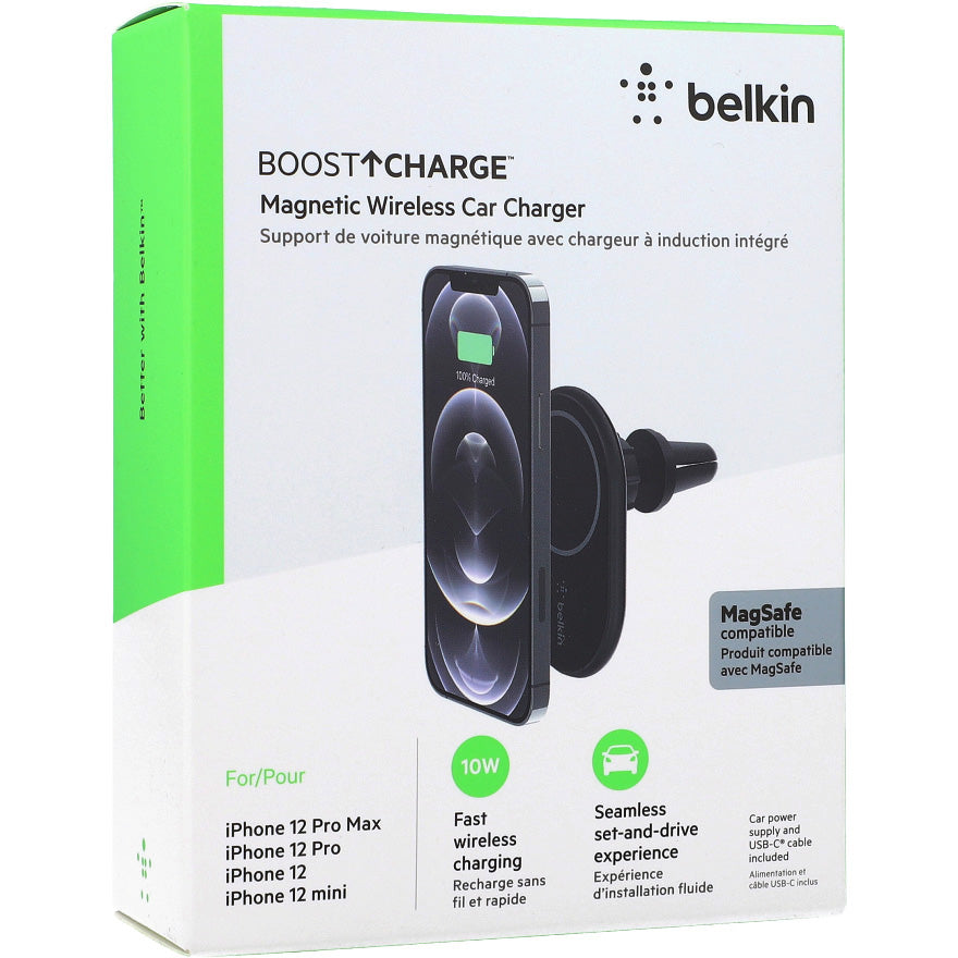 Auto Handyhalterung mit Qi-Ladegerät Belkin Boost Magnetic Qi 10W Car Charger Vent mit MagSafe mit Autoladegerät, Schwarz