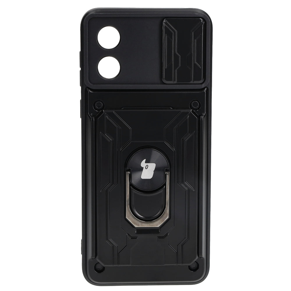 Schutzhülle Bizon Case Camshield Card Slot Ring für Motorola Moto E13 5G, Schwarz