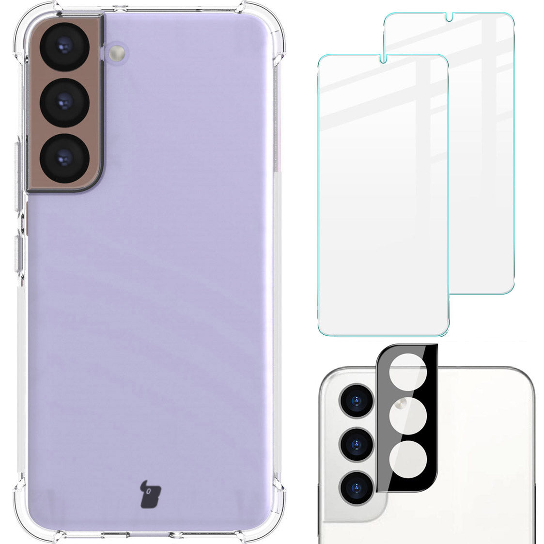 Schutzhülle + 2x Glas + Kameraschutz Bizon Case Clear Pack Galaxy S22, Transparent