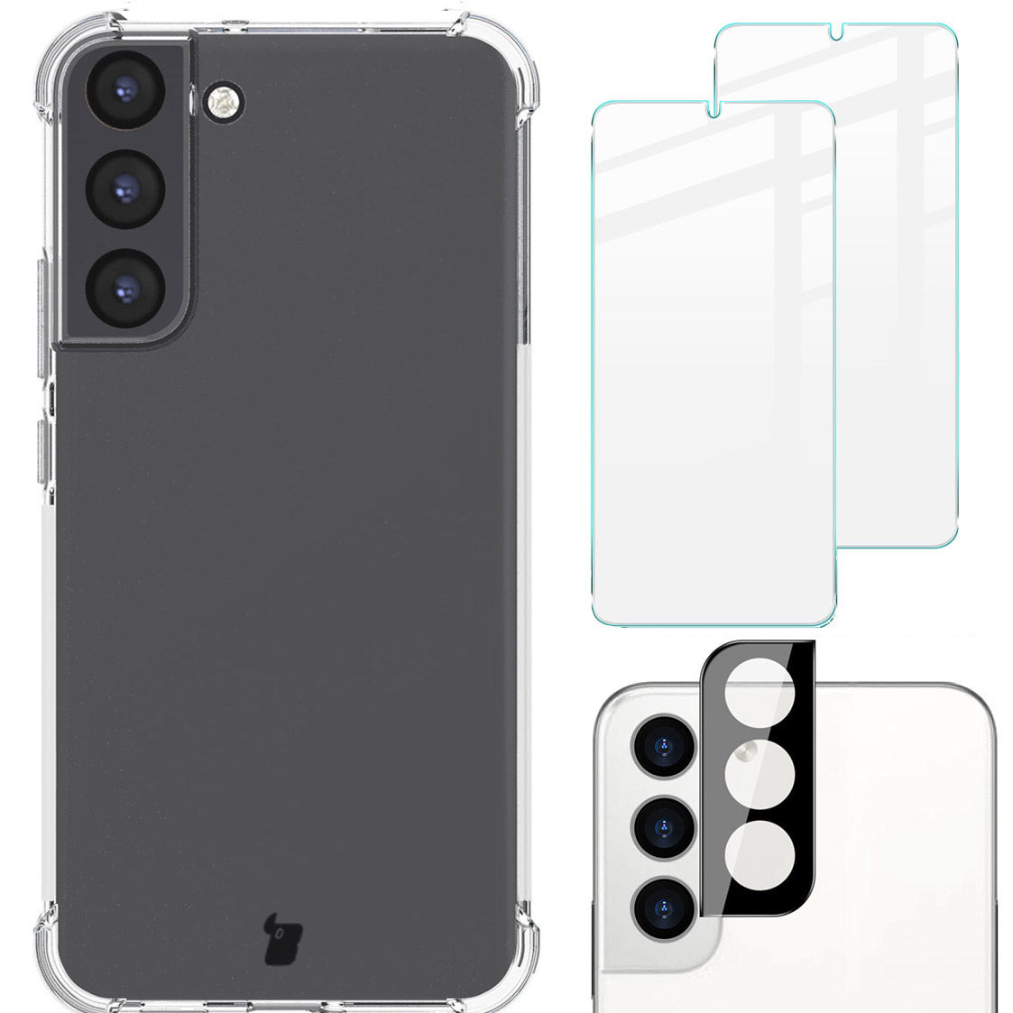 Schutzhülle + 2x Glas + Kameraschutz Bizon Case Clear für Galaxy S22 Plus, Transparent