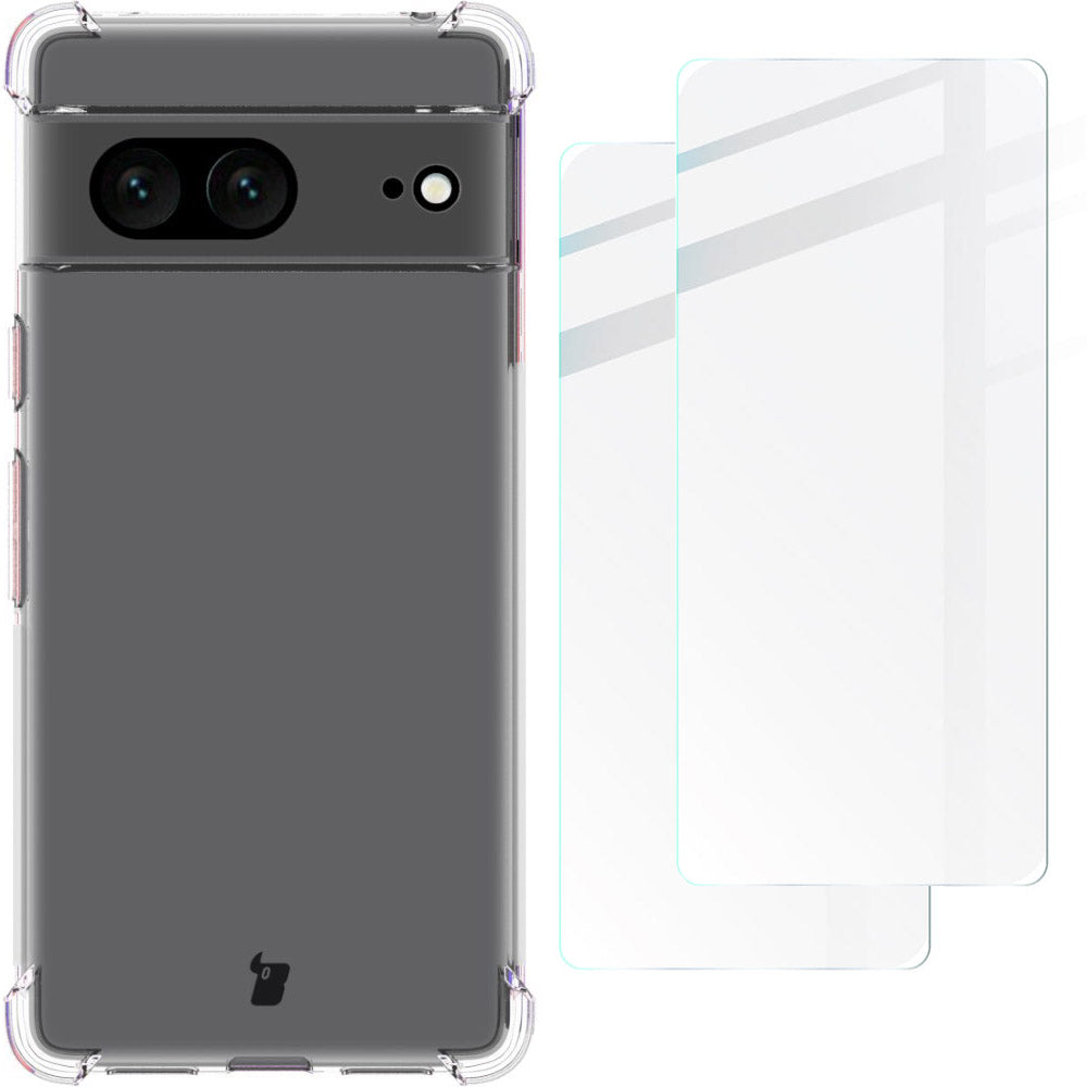 Schutzhülle + 2x Glas Bizon Case Clear Pack für Google Pixel 7, Transparent