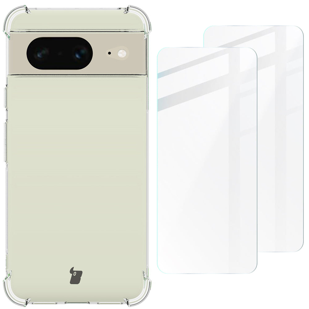 Schutzhülle + 2x Glas Bizon Case Clear Pack für Google Pixel 8, Transparent