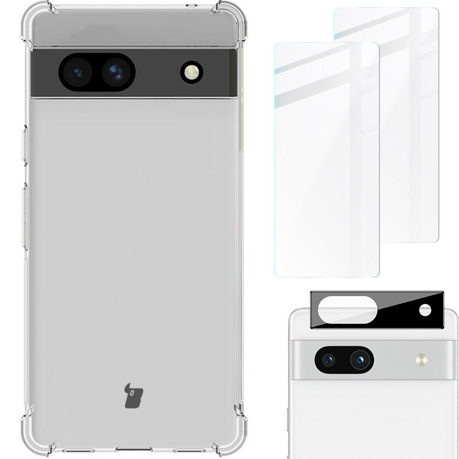 Schutzhülle + 2x Glas + Kameraschutz Bizon Case Clear Pack für Google Pixel 7A, Transparent