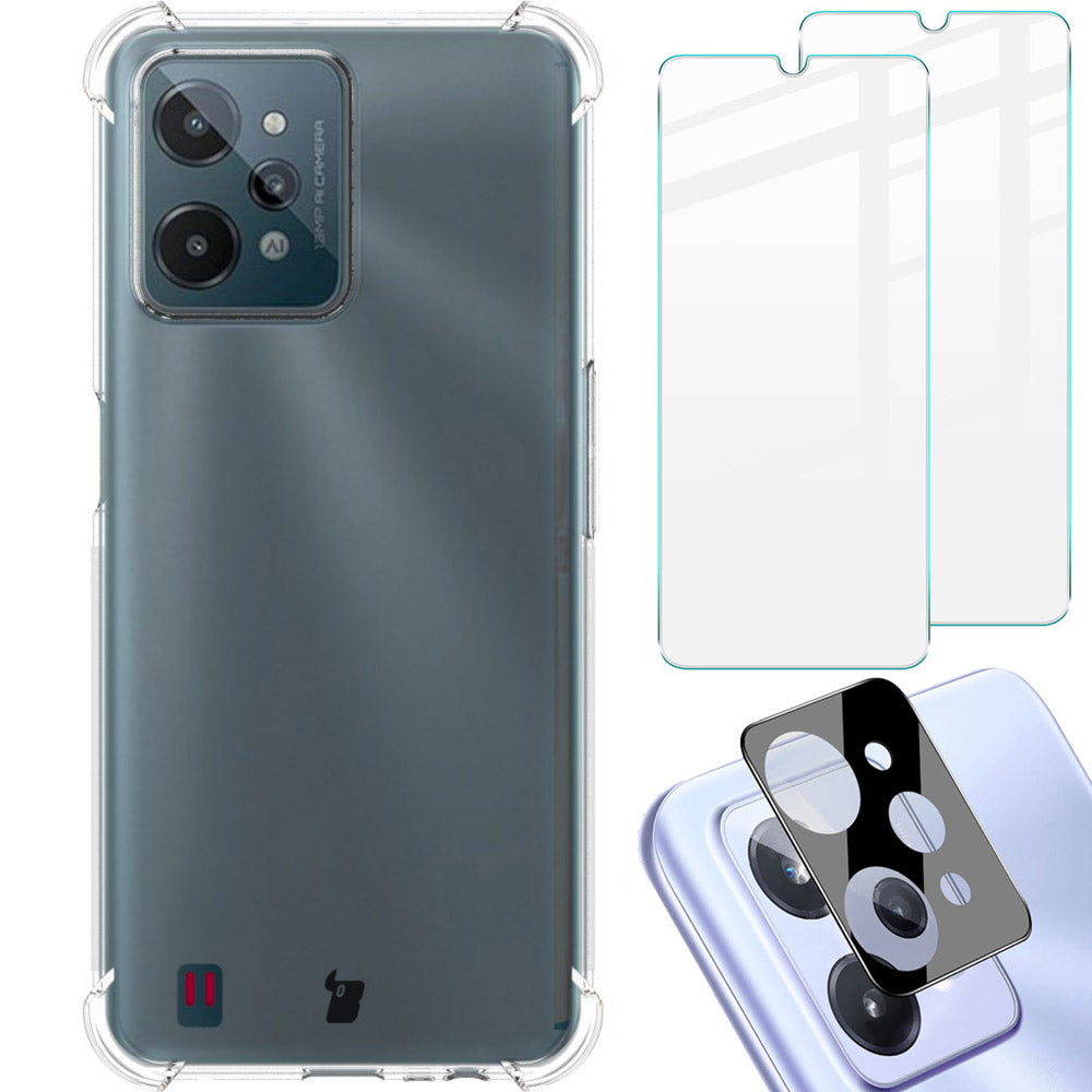 Schutzhülle + 2x Glas + Kameraschutz Bizon Case Clear Pack für Realme C31, Transparent