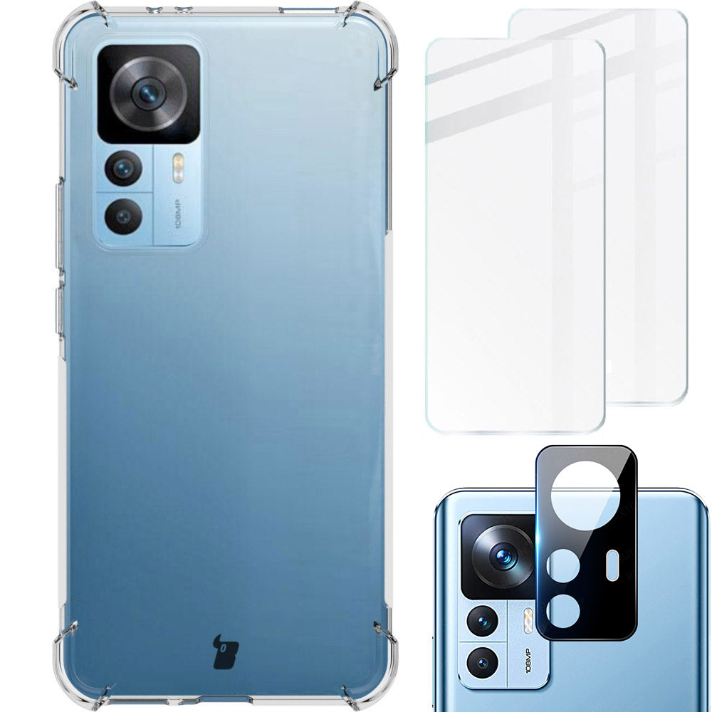 Schutzhülle + 2x Glas + Kameraschutz Bizon Case Clear Pack für Xiaomi 12T, Transparent