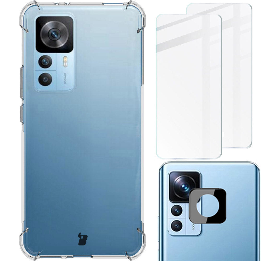 Schutzhülle + 2x Glas + Kameraschutz Bizon Case Clear Pack für Xiaomi 12T Pro, Transparent