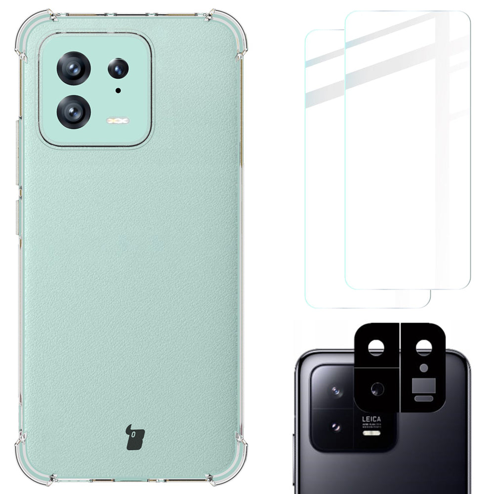 Schutzhülle + 2x Glass + Kameraschutz Bizon Case Clear Pack für Xiaomi 13, Transparent