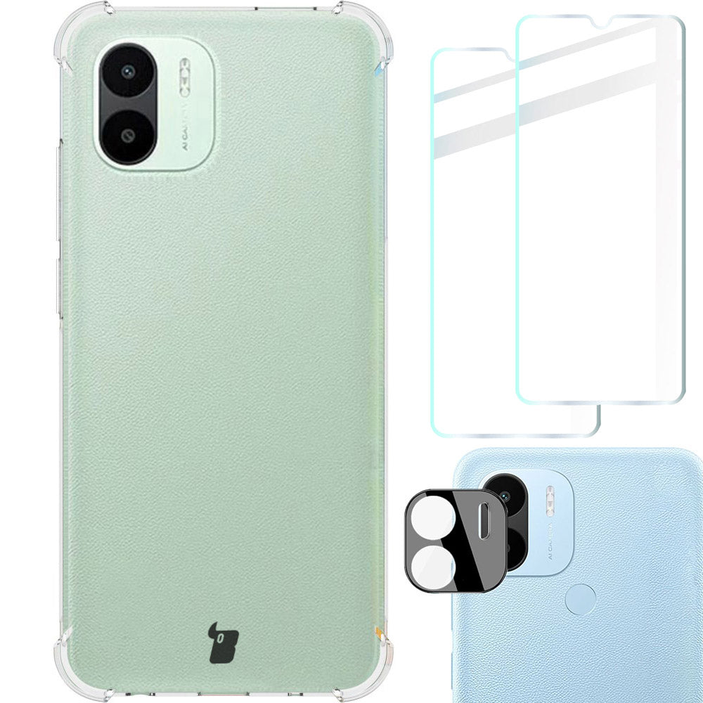 Schutzhülle + 2x Glas + Kameraschutz Bizon Case Clear Pack für Xiaomi Redmi A1, Transparent