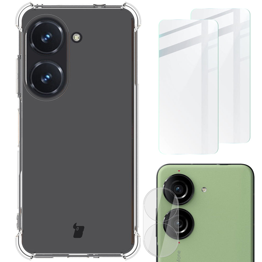 Schutzhülle + 2x Glas + Kameraschutz Bizon Case Clear Pack für Asus Zenfone 10, Transparent