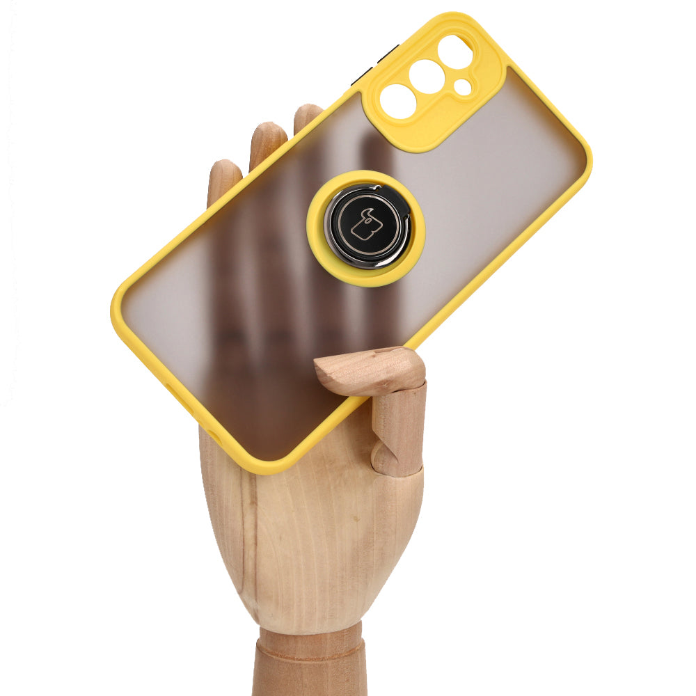 Handyhülle mit Fingergriff für Galaxy A14 4G / 5G, Bizon Case Hybrid Ring, getönt mit gelbem Rahmen