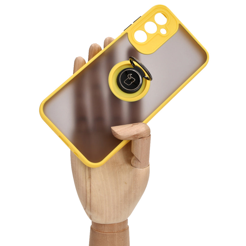 Handyhülle mit Fingergriff für Galaxy A14 4G / 5G, Bizon Case Hybrid Ring, getönt mit gelbem Rahmen