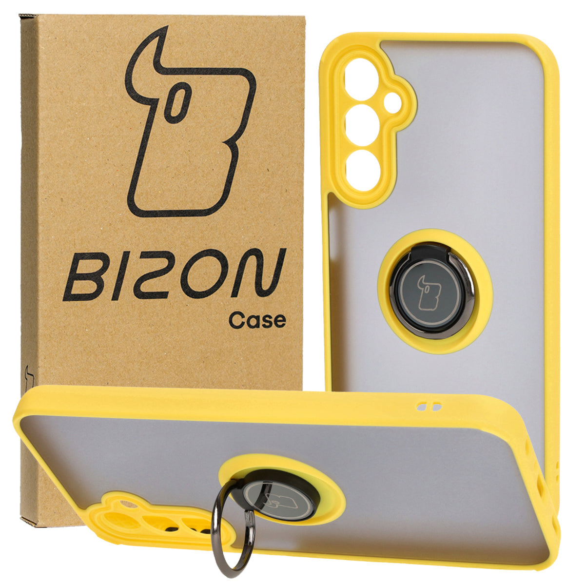 Handyhülle mit Fingergriff für Galaxy A24 4G, Bizon Case Hybrid Ring, getönt mit gelbem Rahmen