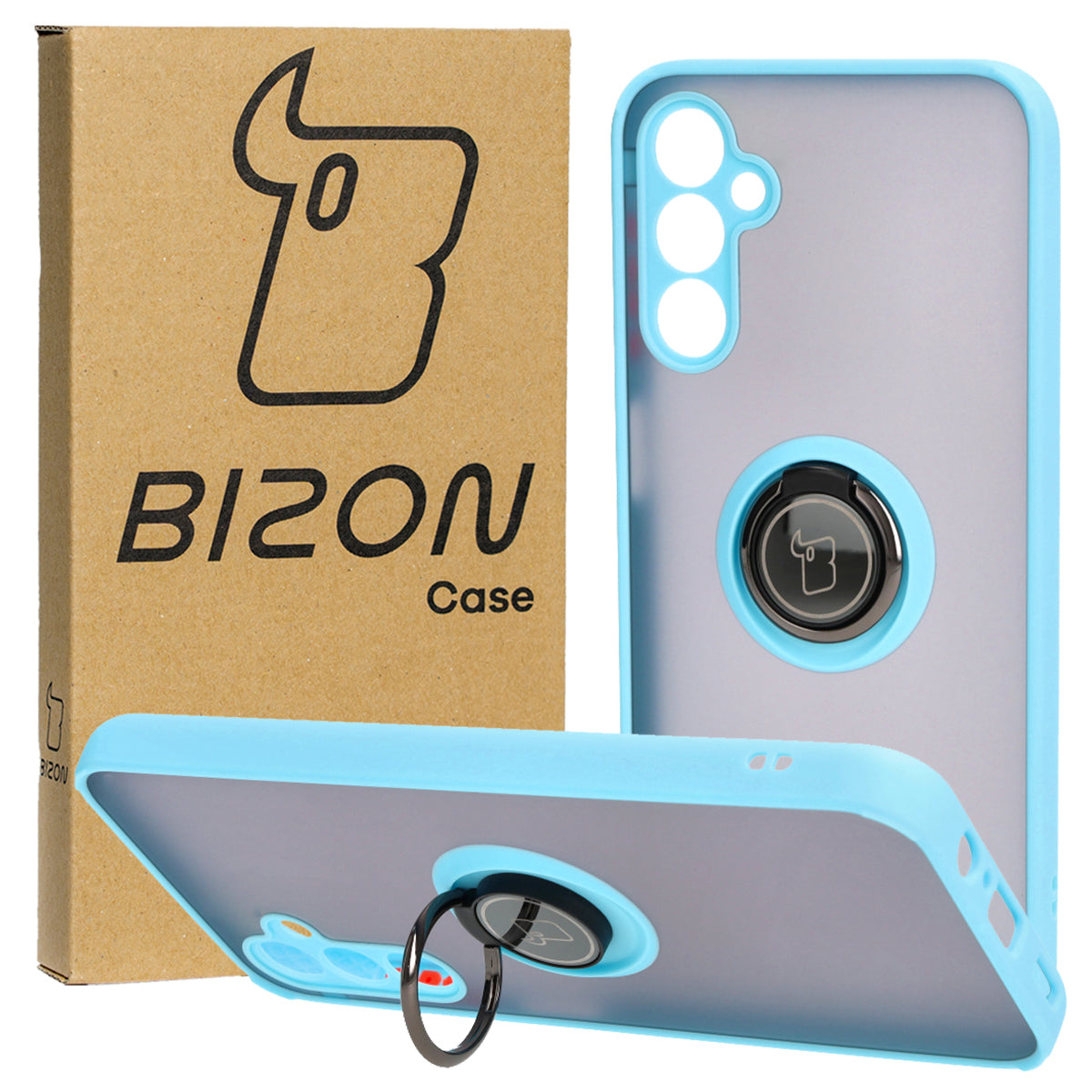 Handyhülle mit Fingergriff für Galaxy M14 5G, Bizon Case Hybrid Ring, getönt mit hellblauem Rahmen