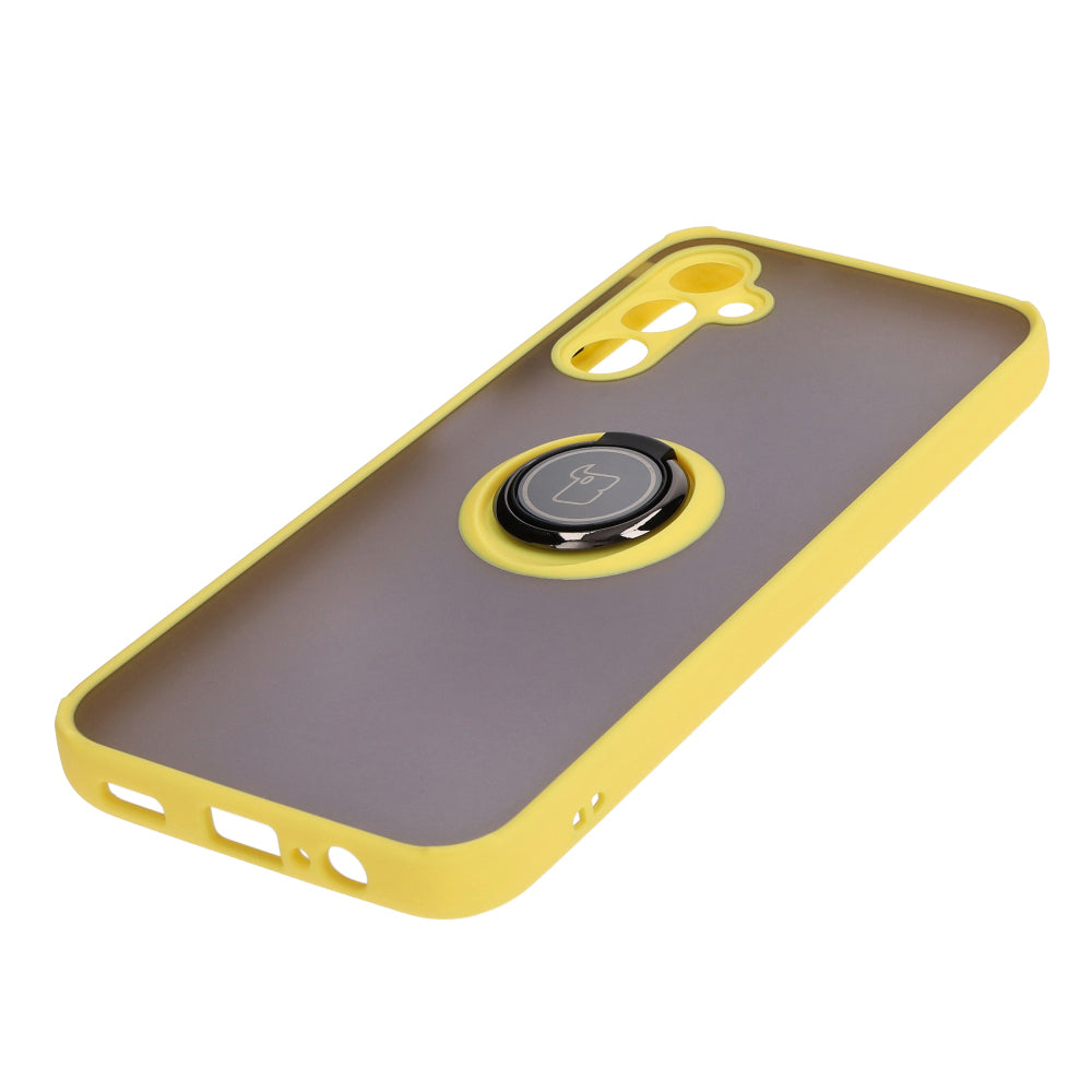 Handyhülle mit Fingergriff für Galaxy M14 5G, Bizon Case Hybrid Ring, getönt mit gelbem Rahmen
