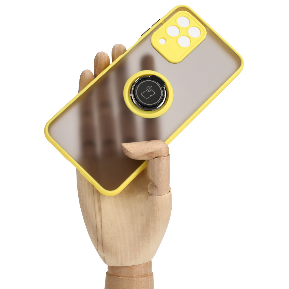 Handyhülle mit Fingergriff für Galaxy M33 5G, Bizon Case Hybrid Ring, getönt mit gelbem Rahmen