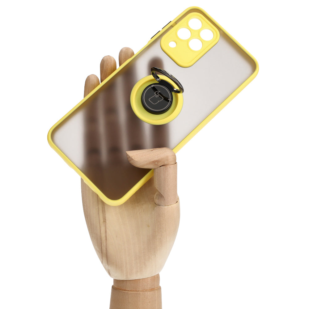 Handyhülle mit Fingergriff für Galaxy M33 5G, Bizon Case Hybrid Ring, getönt mit gelbem Rahmen
