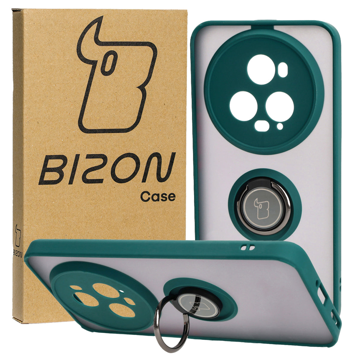 Handyhülle mit Fingergriff für Honor Magic5 Pro, Bizon Case Hybrid Ring, getönt mit dunkelgrünem Rahmen