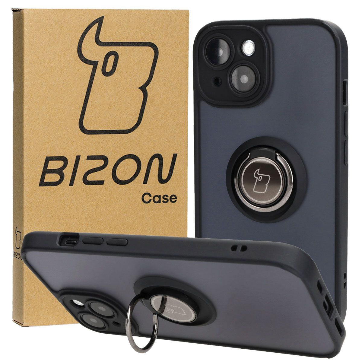 Handyhülle mit Fingergriff für iPhone 15, Bizon Case Hybrid Ring, getönt mit schwarzem Rahmen