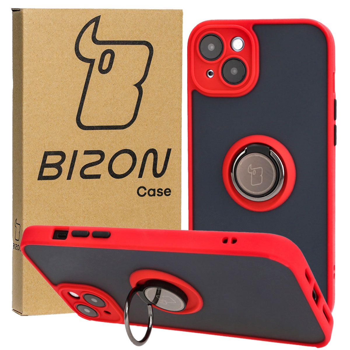 Handyhülle mit Fingergriff für iPhone 15 Plus, Bizon Case Hybrid Ring, getönt mit rotem Rahmen