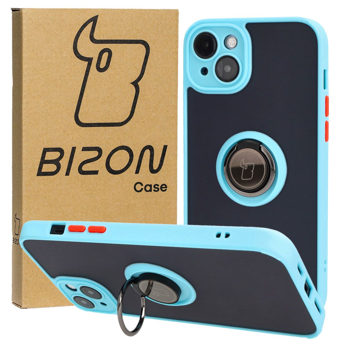 Handyhülle mit Fingergriff für iPhone 15 Plus, Bizon Case Hybrid Ring, getönt mit hellblauem Rahmen