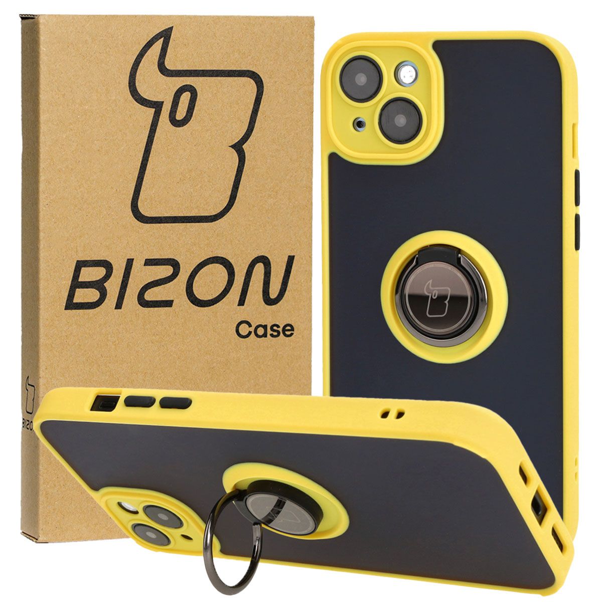 Handyhülle mit Fingergriff für iPhone 15 Plus, Bizon Case Hybrid Ring, getönt mit gelbem Rahmen