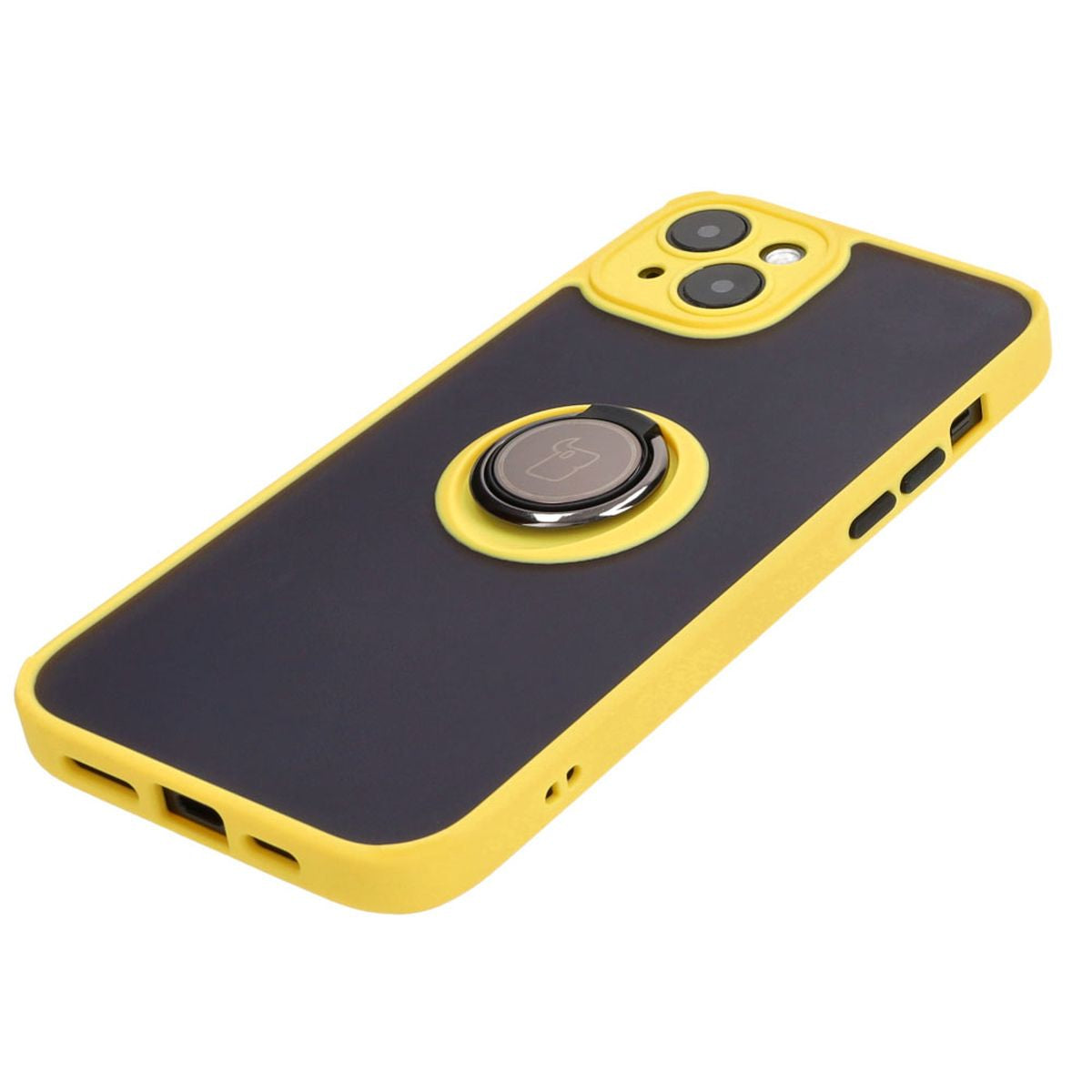 Handyhülle mit Fingergriff für iPhone 15 Plus, Bizon Case Hybrid Ring, getönt mit gelbem Rahmen