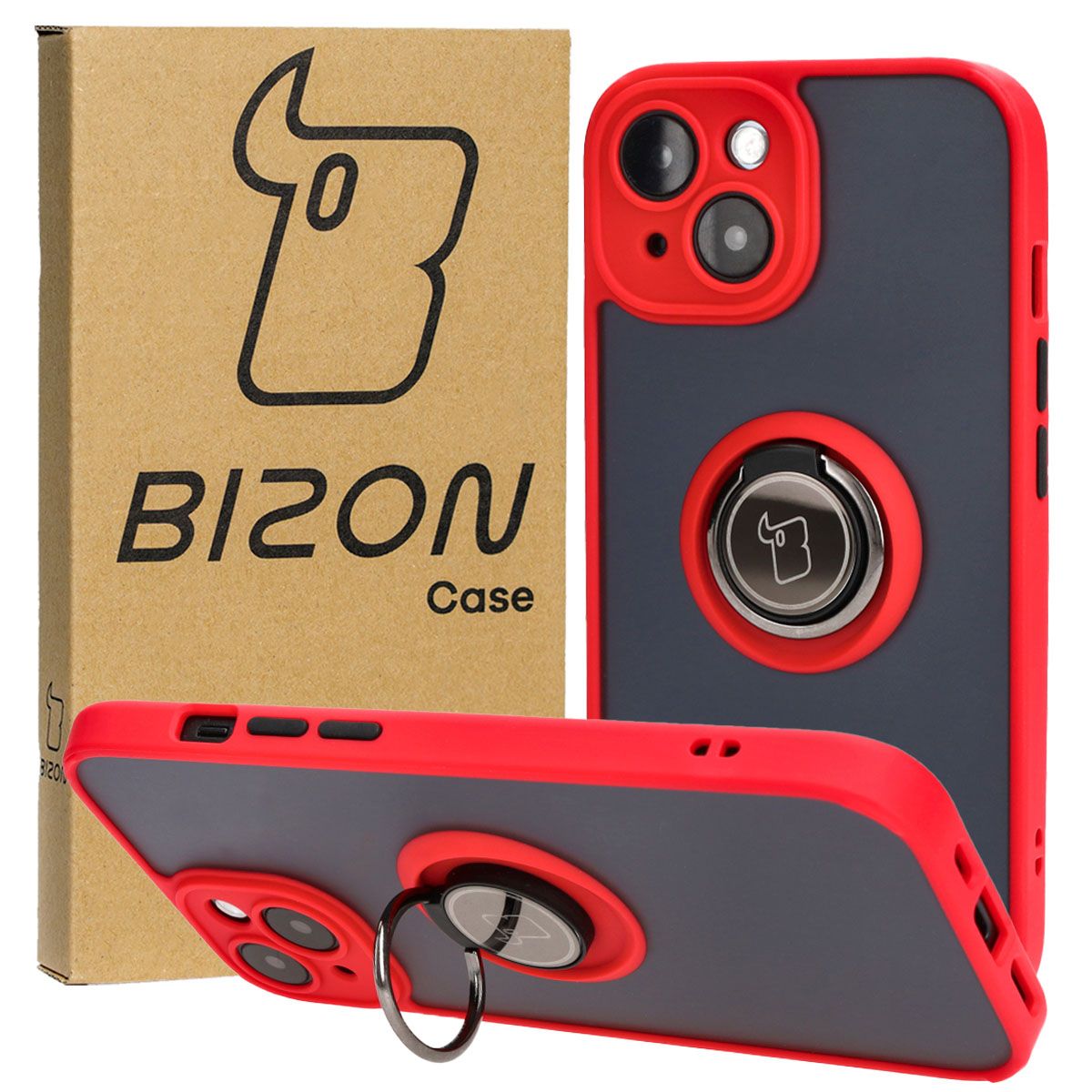 Handyhülle mit Fingergriff für iPhone 15, Bizon Case Hybrid Ring, getönt mit rotem Rahmen