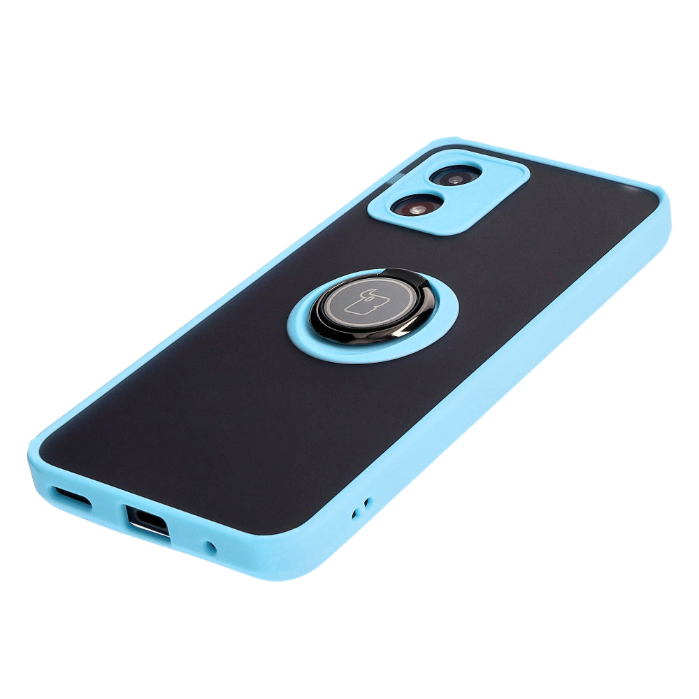 Handyhülle mit Fingergriff für Motorola Moto E13, Bizon Case Hybrid Ring, getönt mit hellblauem Rahmen