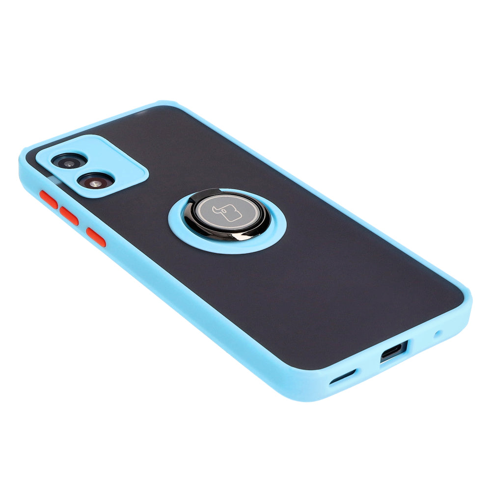 Handyhülle mit Fingergriff für Motorola Moto E13, Bizon Case Hybrid Ring, getönt mit hellblauem Rahmen