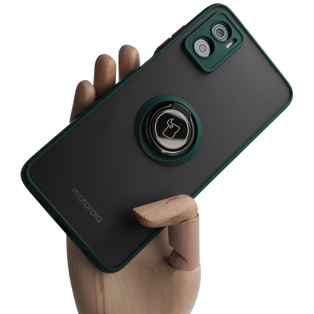 Handyhülle mit Fingergriff für Motorola Moto E22 / E22i, Bizon Case Hybrid Ring, getönt mit dunkelgrünem Rahmen