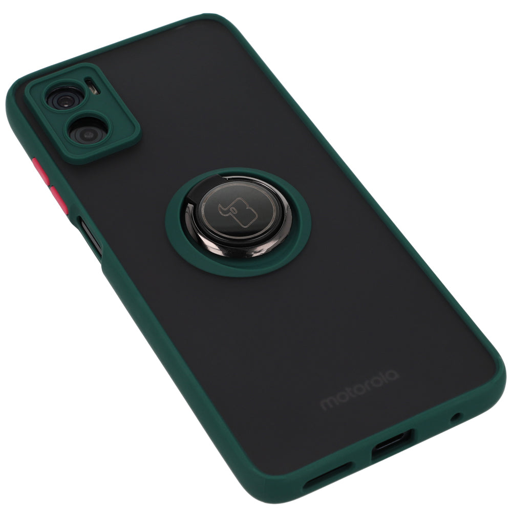 Handyhülle mit Fingergriff für Motorola Moto E22 / E22i, Bizon Case Hybrid Ring, getönt mit dunkelgrünem Rahmen