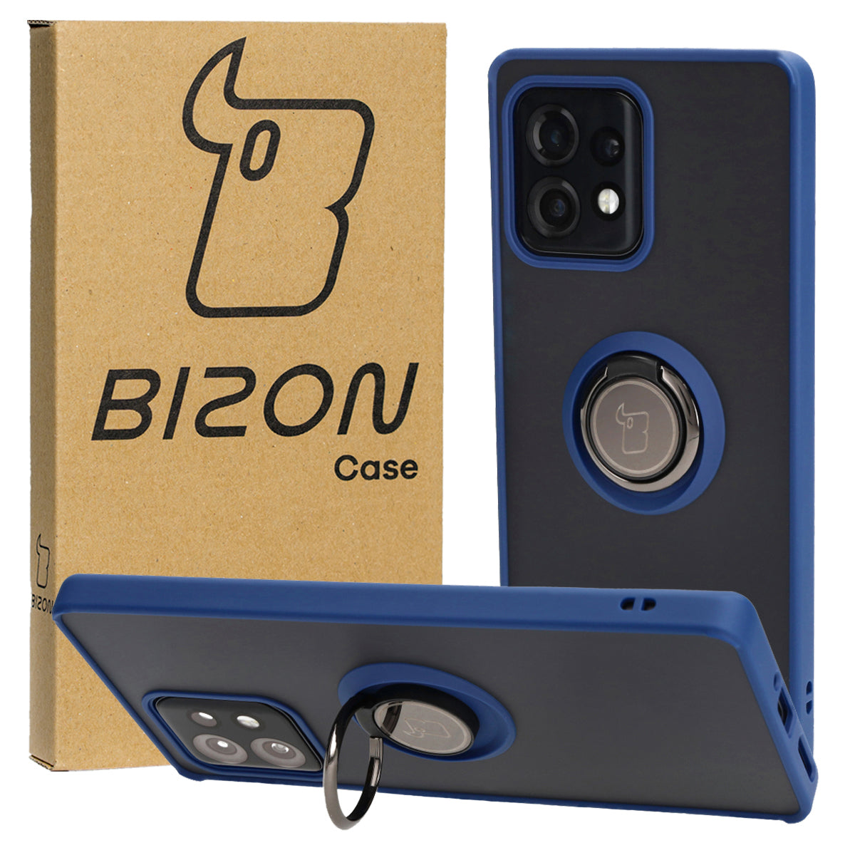 Handyhülle mit Fingergriff für Motorola Edge 40 Pro, Bizon Case Hybrid Ring, getönt mit dunkelblauem Rahmen