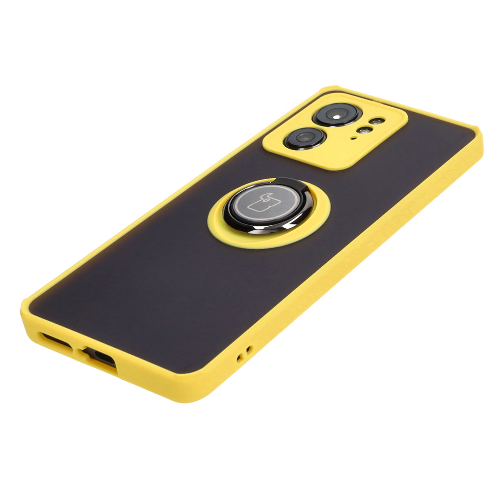 Handyhülle mit Fingergriff für Motorola Edge 40, Bizon Case Hybrid Ring, getönt mit gelbem Rahmen
