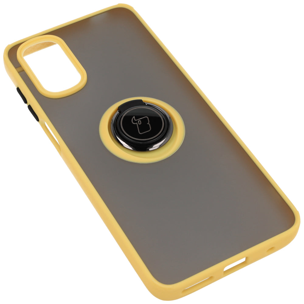 Handyhülle mit Fingergriff für Motorola Moto G22 / E32 / E32s, Bizon Case Hybrid Ring, getönt mit gelbem Rahmen