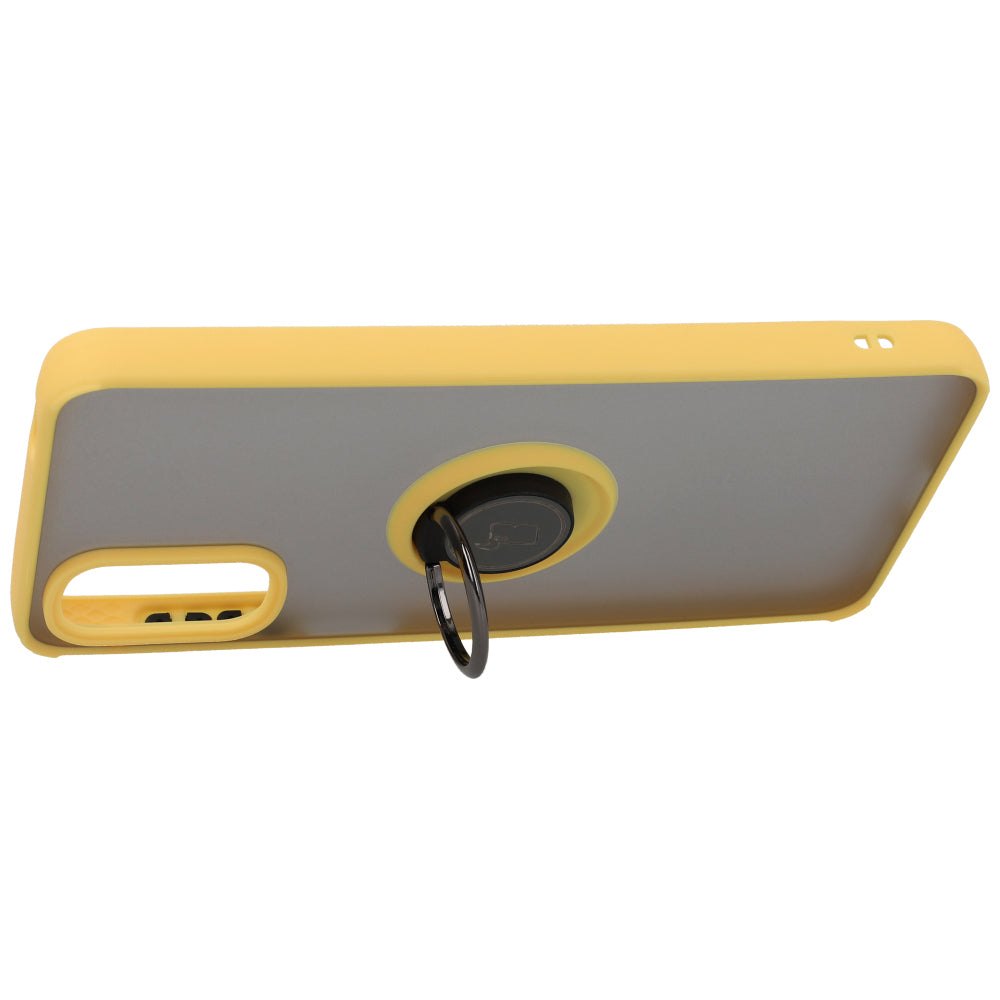 Handyhülle mit Fingergriff für Motorola Moto G22 / E32 / E32s, Bizon Case Hybrid Ring, getönt mit gelbem Rahmen