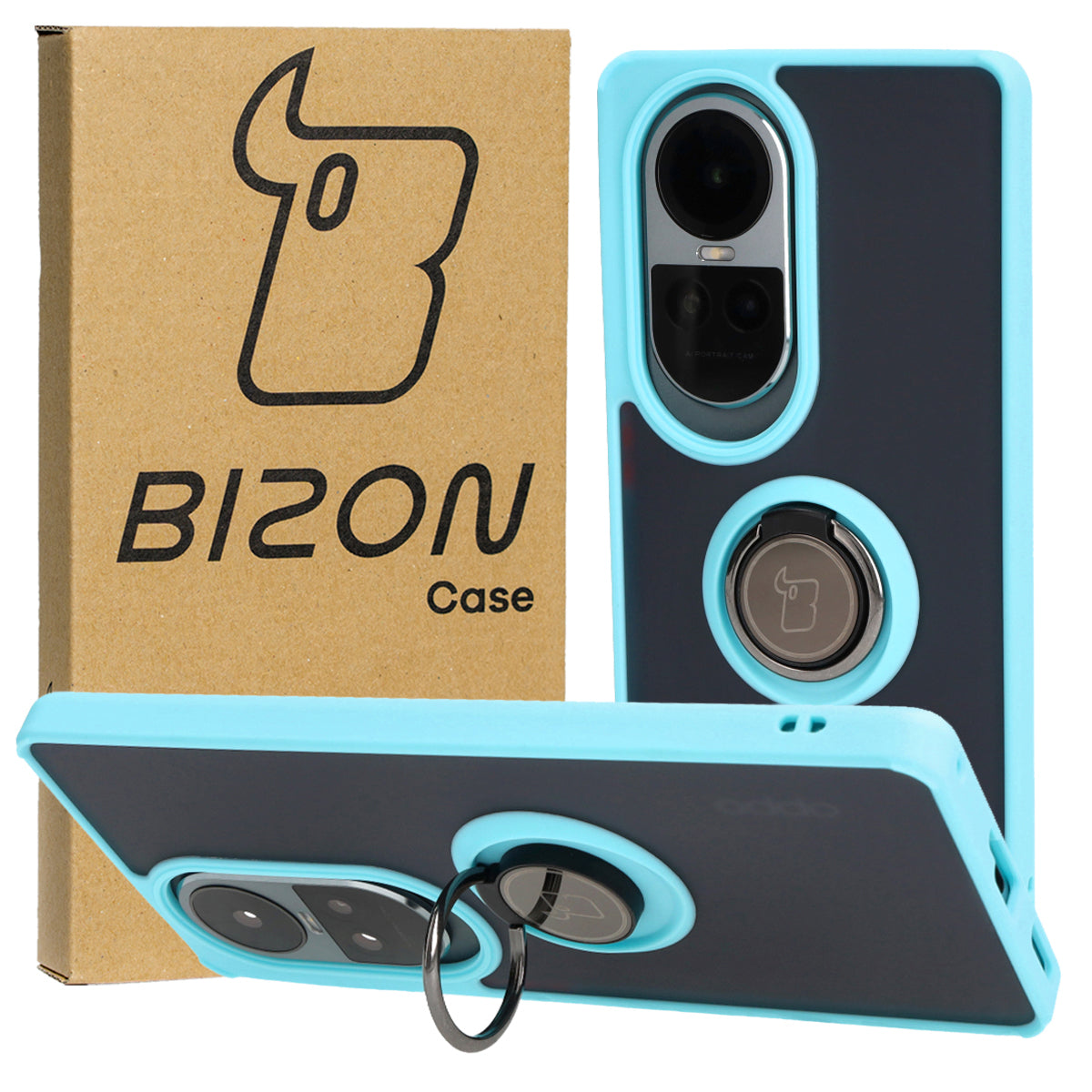 Handyhülle mit Fingergriff für Oppo Reno10 / 10 Pro, Bizon Case Hybrid Ring, getönt mit hellblauem Rahmen