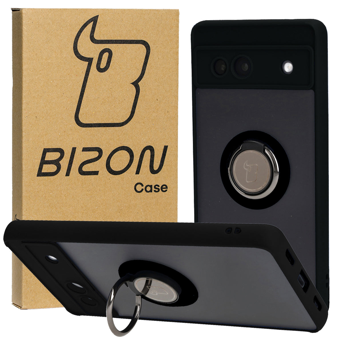 Handyhülle mit Fingergriff für Google Pixel 7A, Bizon Case Hybrid Ring, getönt mit schwarzem Rahmen